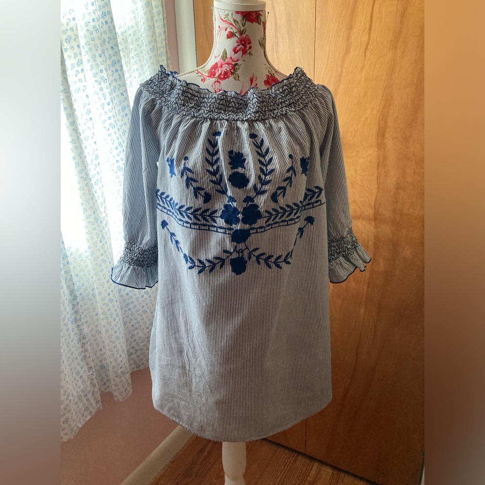 DizzyLizzy Blue and White Striped and Embroidered Tunic Top - SZ L